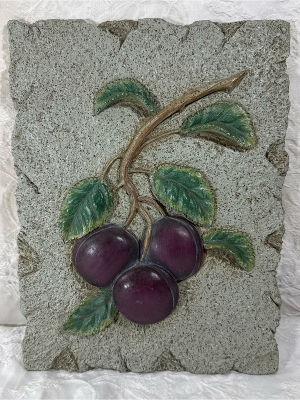 Sculpted Purple Plum Branch Fruit Wall Plaque Green Leaves 10.5”x 8” 2.5 Lbs